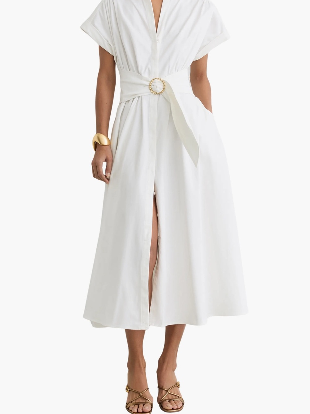 Reiss White V-Neck Belted Midi Dress with Gold Buckle